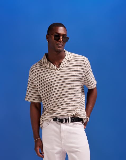ASOS DESIGN relaxed revere neck polo shirt in textured stripe - view 1