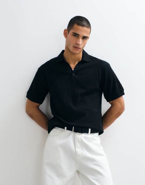 ASOS DESIGN relaxed revere polo in black wide rib - view 1