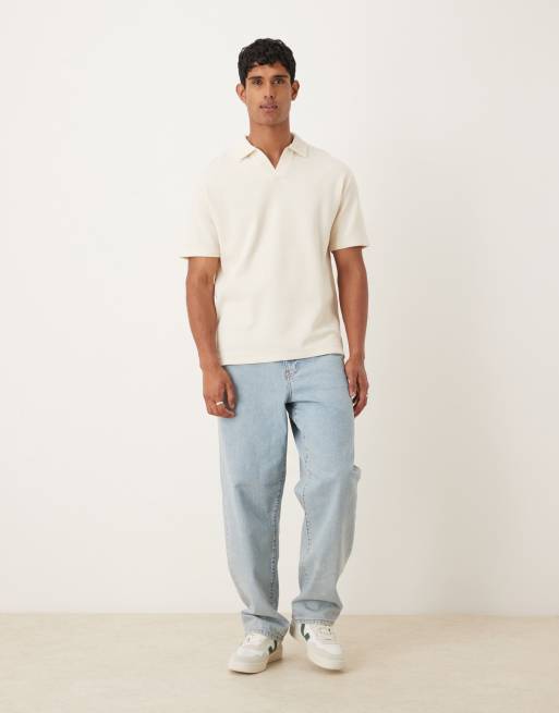 ASOS DESIGN relaxed camp collar polo in cream waffle 