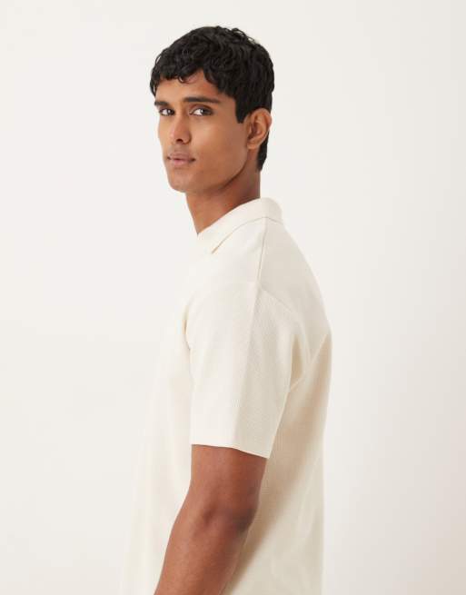 ASOS DESIGN relaxed camp collar polo in cream waffle 