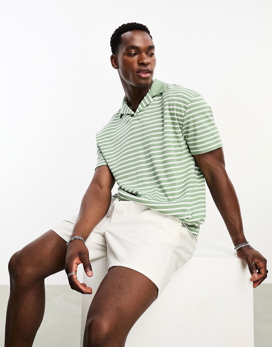 ASOS DESIGN relaxed revere polo shirt in green textured stripe