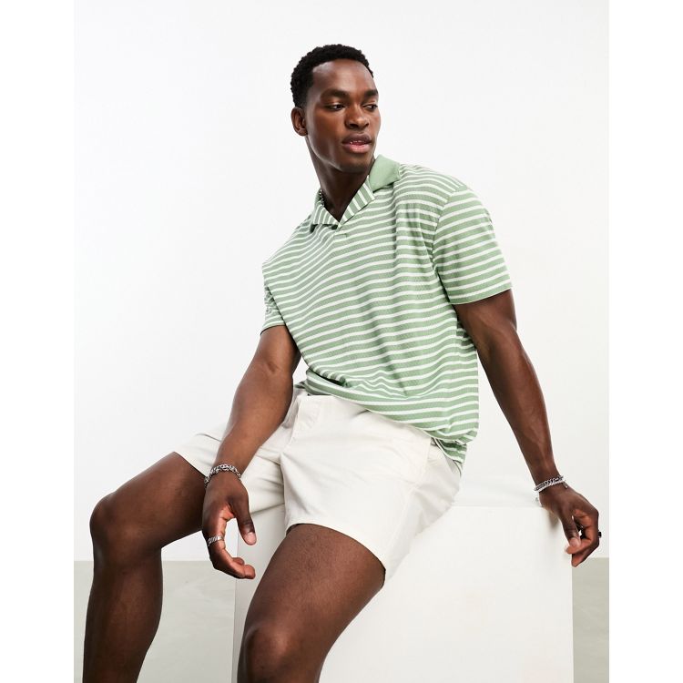 ASOS DESIGN relaxed revere polo shirt in green textured stripe | ASOS