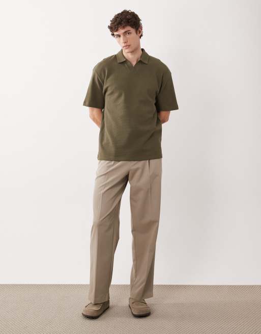 ASOS DESIGN relaxed revere polo shirt in khaki waffle , 2 of 5