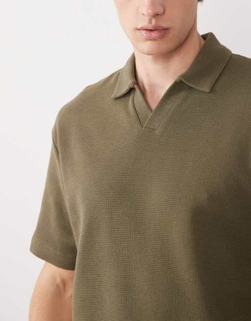 ASOS DESIGN relaxed revere polo shirt in khaki waffle , 3 of 5