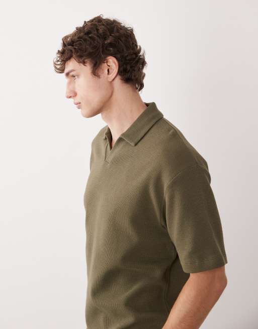 ASOS DESIGN relaxed revere polo shirt in khaki waffle , 4 of 5