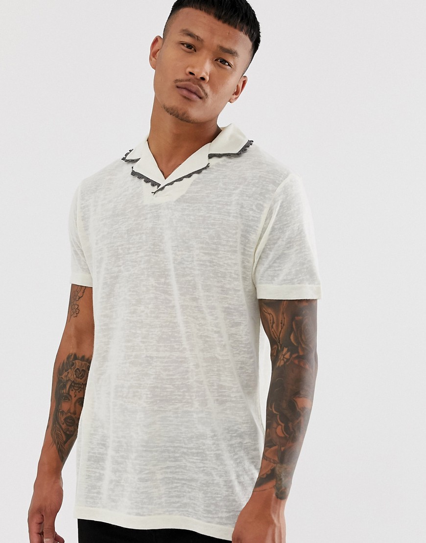ASOS DESIGN relaxed revere polo shirt with stitch detailing in linen look-White