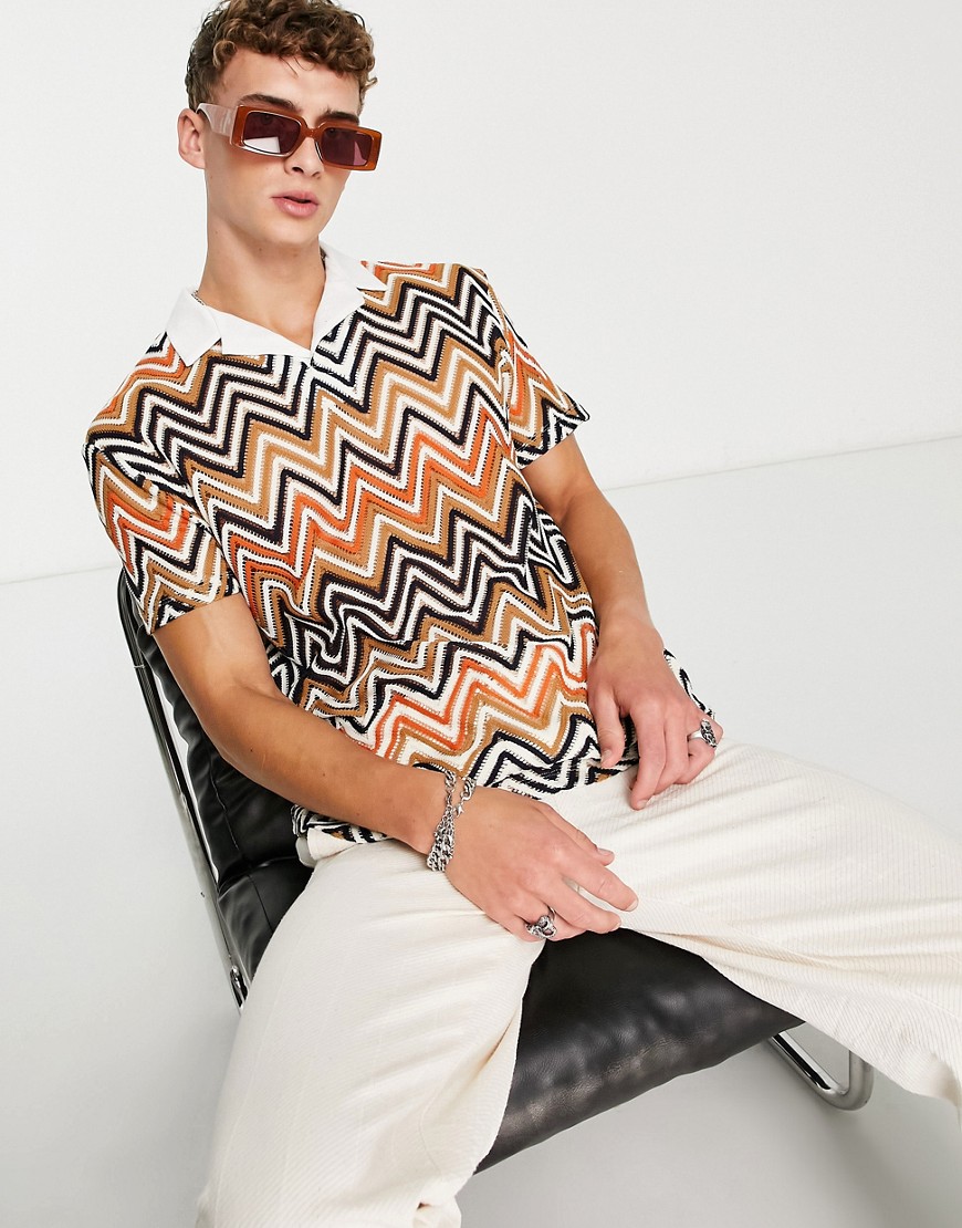 ASOS DESIGN relaxed revere polo t-shirt in geometric crochet fabric-Multi