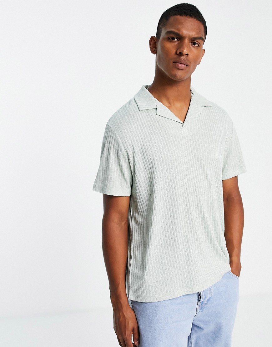 ASOS DESIGN relaxed revere polo t-shirt in green marl rib