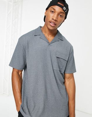 ASOS DESIGN relaxed revere polo t-shirt in navy texture