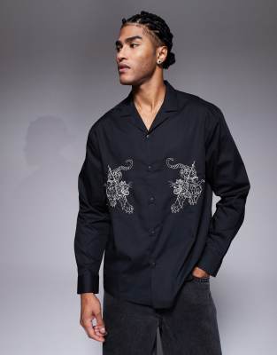 Asos Design Relaxed Revere Poplin Shirt With Embroidery In Black