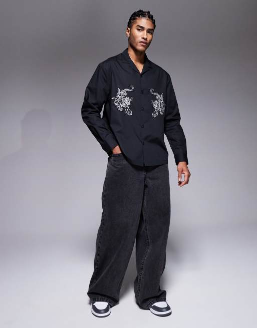 ASOS DESIGN relaxed revere poplin shirt with embroidery in black, 2 of 5