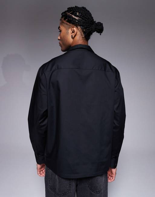 ASOS DESIGN relaxed revere poplin shirt with embroidery in black, 3 of 5