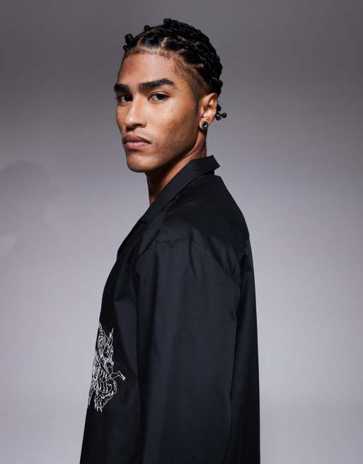 ASOS DESIGN relaxed revere poplin shirt with embroidery in black, 5 of 5