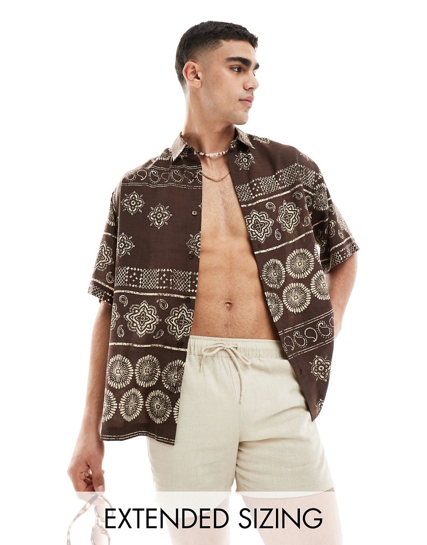 ASOS DESIGN relaxed revere printed shirt in brown