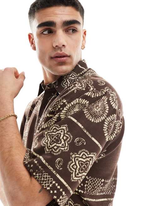 ASOS DESIGN relaxed revere shirt in brown with border print and