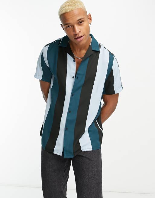 ASOS DESIGN relaxed revere retro stripe shirt in blue | ASOS