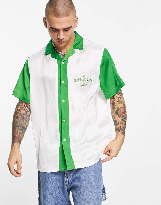 ASOS DESIGN relaxed revere satin bowling shirt with chest embroidery