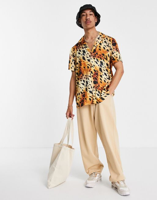 ASOS DESIGN relaxed leopard shirt with deep revere collar
