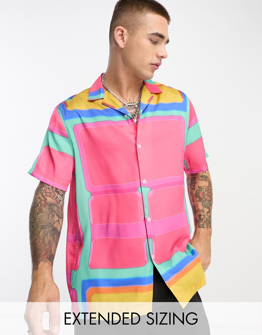ASOS DESIGN relaxed revere satin shirt in abstract cube print-Multi