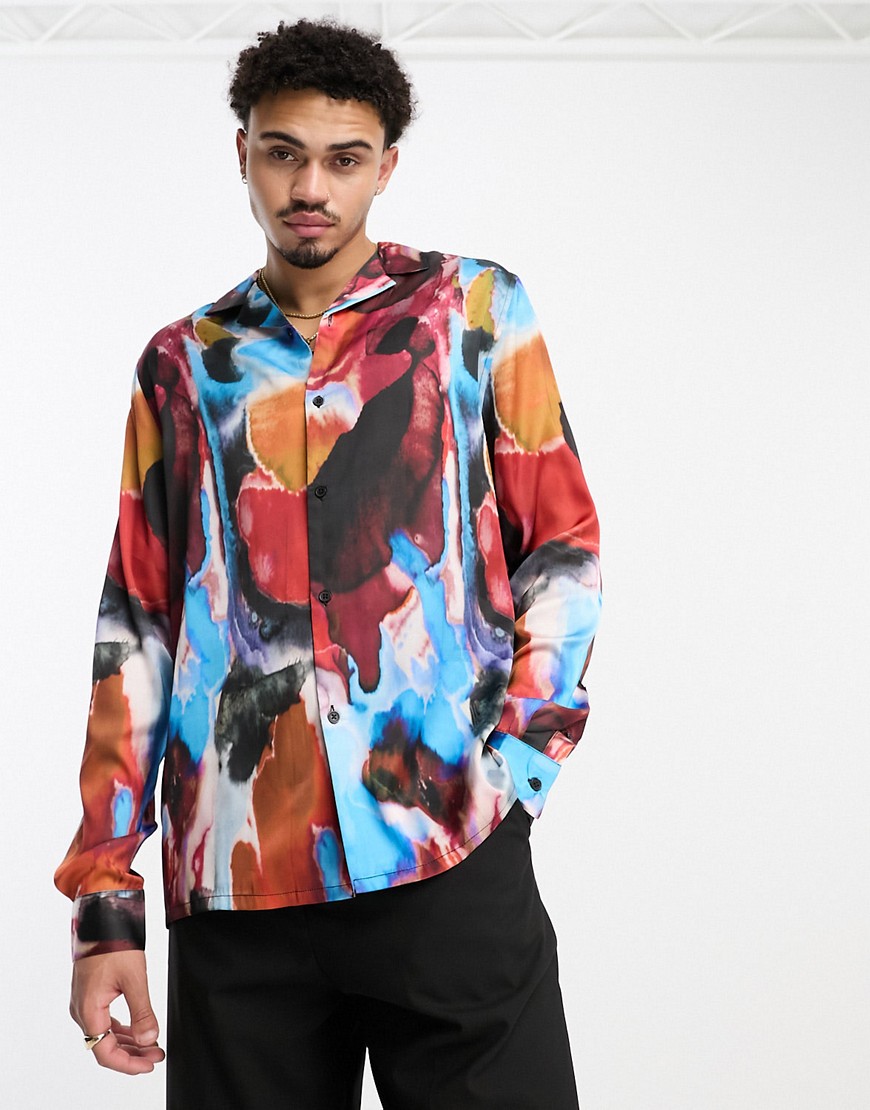 ASOS DESIGN relaxed revere satin shirt in abstract paint print-Multi