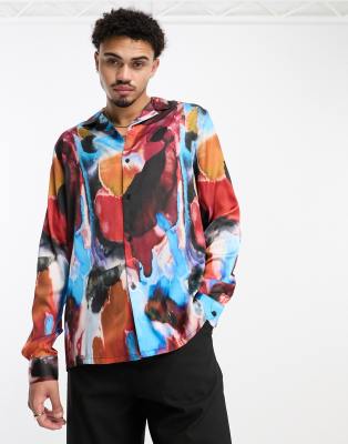 ASOS DESIGN relaxed revere satin shirt in abstract paint print | ASOS