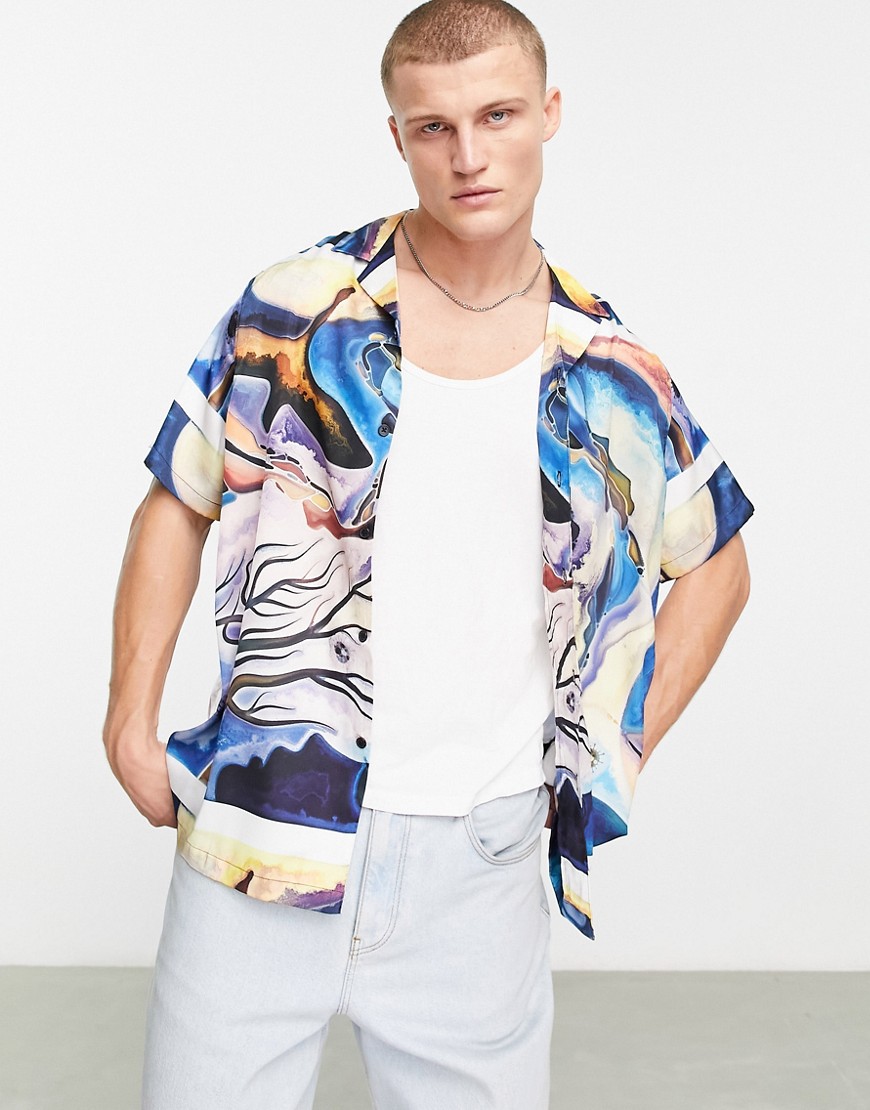 ASOS DESIGN relaxed revere satin shirt in abstract print-Blue