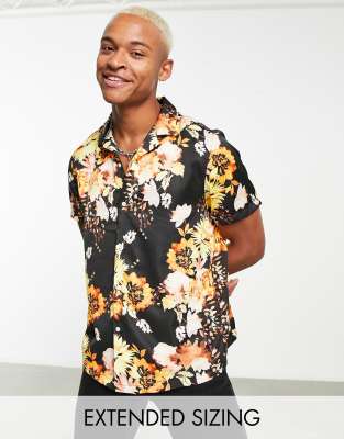 ASOS DESIGN relaxed revere satin shirt in black floral print | ASOS