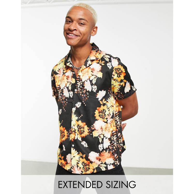 ASOS DESIGN relaxed revere satin shirt in black floral print | ASOS