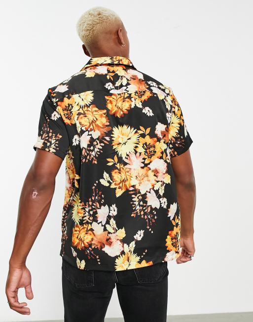 ASOS DESIGN relaxed revere satin shirt in black floral print | ASOS