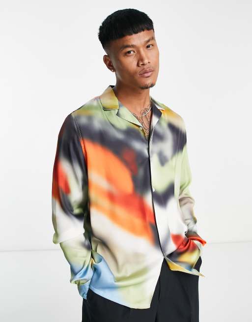 Asos Design Relaxed Revere Satin Shirt In Blur Spray Print Asos 6675