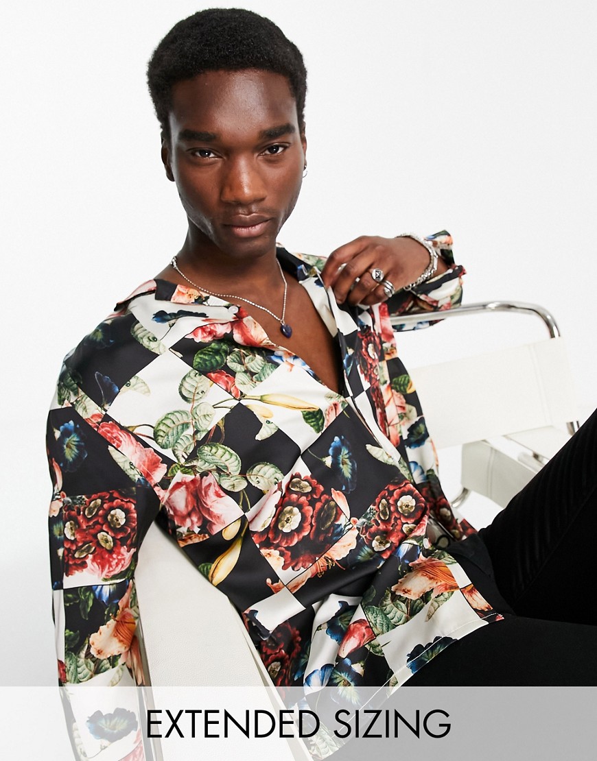 ASOS DESIGN relaxed revere satin shirt in floral checkerboard print-Multi