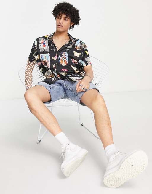 ASOS DESIGN relaxed revere satin shirt in renaissance print