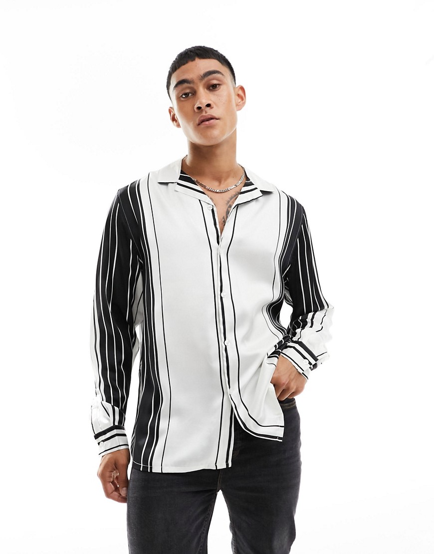 ASOS DESIGN relaxed revere satin shirt in retro monochrome stripe-Black