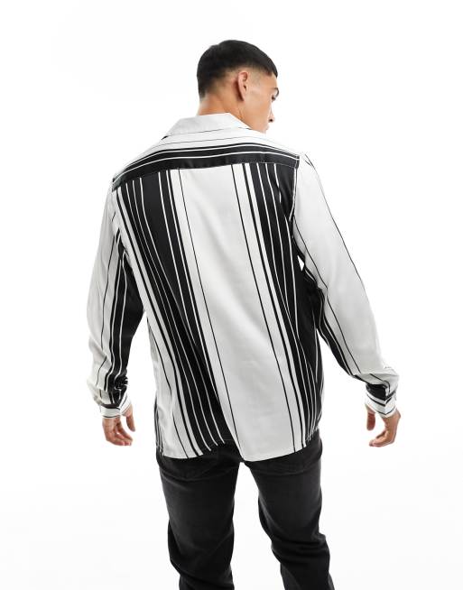 ASOS DESIGN relaxed revere satin shirt in retro monochrome stripe, 2 of 4