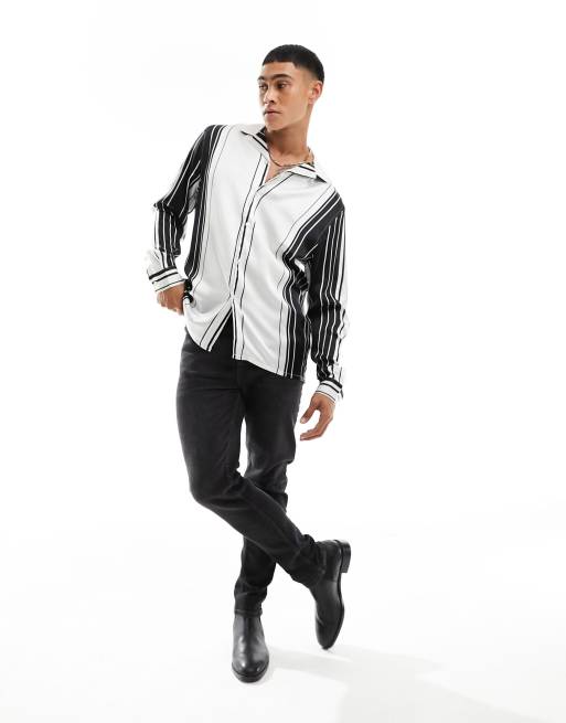 ASOS DESIGN relaxed revere satin shirt in retro monochrome stripe, 3 of 4