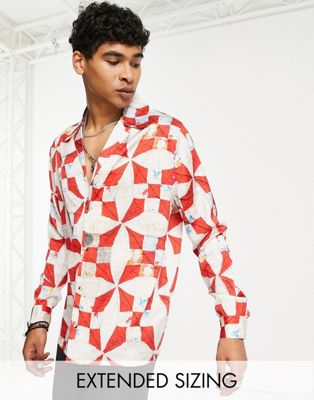 Asos Design Relaxed Revere Satin Shirt With 70s Collar In Textured Diamond Print In Red
