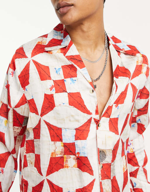 ASOS DESIGN relaxed revere satin shirt with 70s collar in textured diamond  print