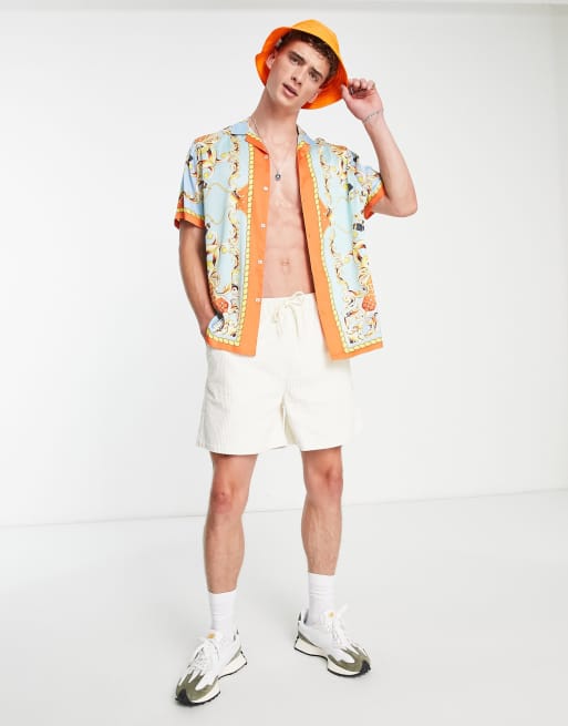 ASOS DESIGN relaxed revere satin shirt with border in multi