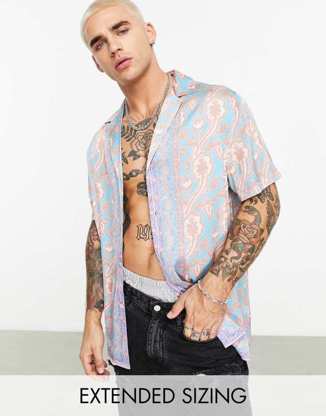 ASOS DESIGN relaxed revere satin shirt with border print