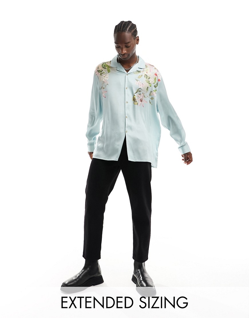 ASOS DESIGN relaxed revere satin shirt with floral placement print-Blue