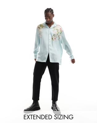 Asos Design Relaxed Revere Satin Shirt With Floral Placement Print Asos 3810