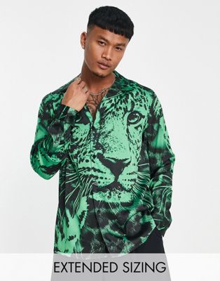 ASOS DESIGN relaxed revere satin shirt with leopard placement print-Green
