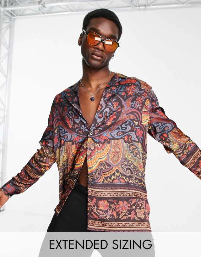 ASOS DESIGN relaxed revere satin shirt with paisley placement print