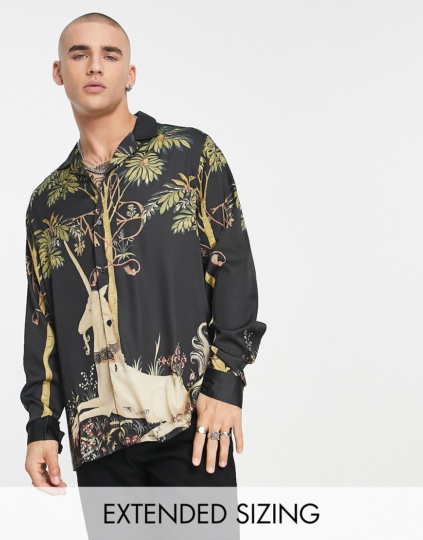 ASOS DESIGN relaxed revere satin shirt with unicorn placement print-Black