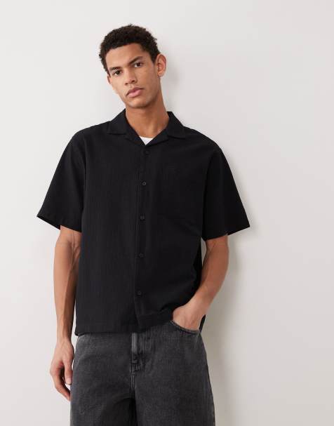 ASOS DESIGN relaxed revere seersucker shirt in black - view 1
