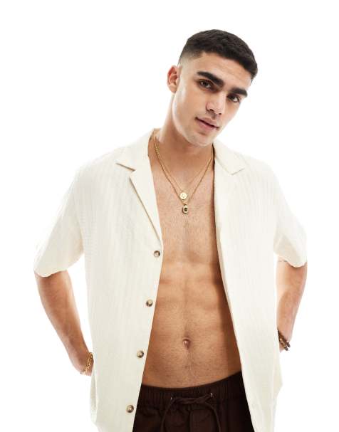 ASOS DESIGN relaxed revere seersucker shirt in ecru - view 1