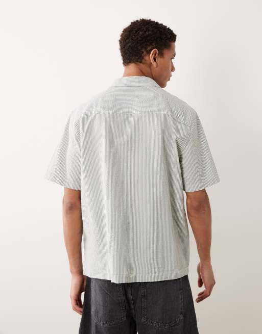 ASOS DESIGN relaxed revere seersucker stripe shirt in blue, 5 of 5