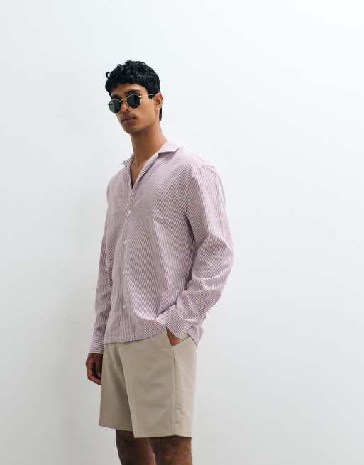 ASOS DESIGN relaxed revere seersucker stripe shirt in burgundy, 3 of 5