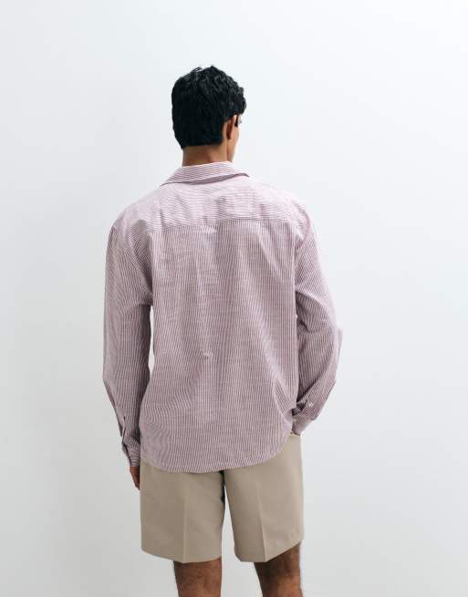 ASOS DESIGN relaxed revere seersucker stripe shirt in burgundy, 4 of 5