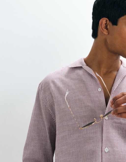 ASOS DESIGN relaxed revere seersucker stripe shirt in burgundy, 5 of 5
